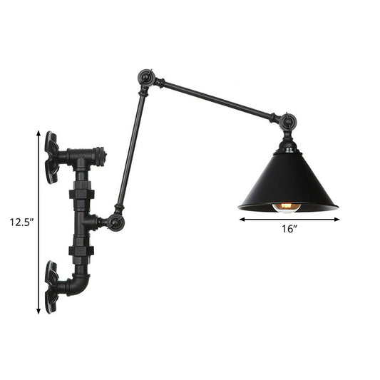 Cone/Flared Living Room Wall Lamp Fixture Industrial Iron 1-Light Black Rotatable Wall Light with Water Pipe Bracket Clearhalo 'Art deco wall lights' 'Cast Iron' 'Glass' 'Industrial wall lights' 'Industrial' 'Middle century wall lights' 'Modern' 'Rustic wall lights' 'Tiffany' 'Traditional wall lights' 'Wall Lamps & Sconces' 'Wall Lights' Lighting' 1918466