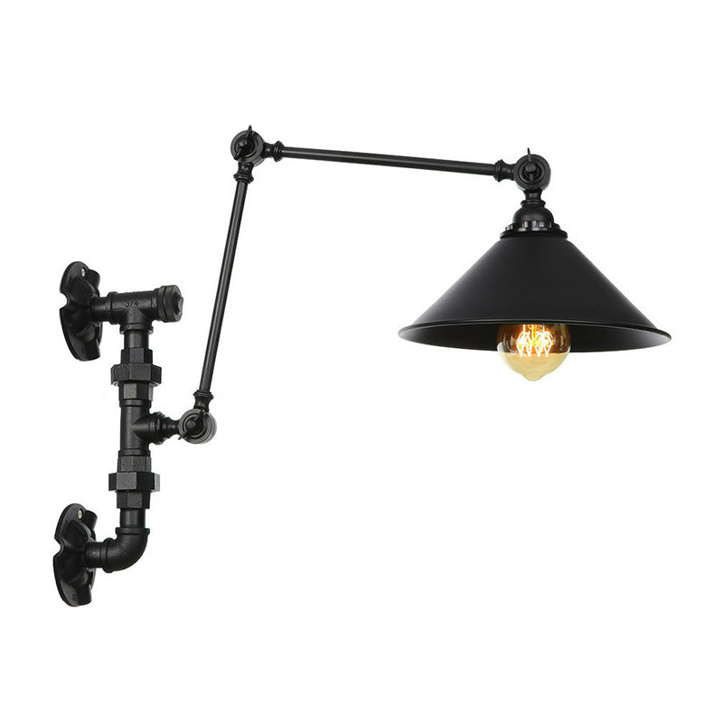 Cone/Flared Living Room Wall Lamp Fixture Industrial Iron 1-Light Black Rotatable Wall Light with Water Pipe Bracket Black B Clearhalo 'Art deco wall lights' 'Cast Iron' 'Glass' 'Industrial wall lights' 'Industrial' 'Middle century wall lights' 'Modern' 'Rustic wall lights' 'Tiffany' 'Traditional wall lights' 'Wall Lamps & Sconces' 'Wall Lights' Lighting' 1918467