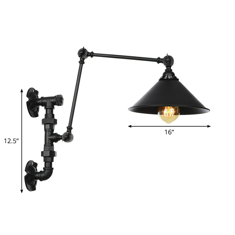 Cone/Flared Living Room Wall Lamp Fixture Industrial Iron 1-Light Black Rotatable Wall Light with Water Pipe Bracket Clearhalo 'Art deco wall lights' 'Cast Iron' 'Glass' 'Industrial wall lights' 'Industrial' 'Middle century wall lights' 'Modern' 'Rustic wall lights' 'Tiffany' 'Traditional wall lights' 'Wall Lamps & Sconces' 'Wall Lights' Lighting' 1918468