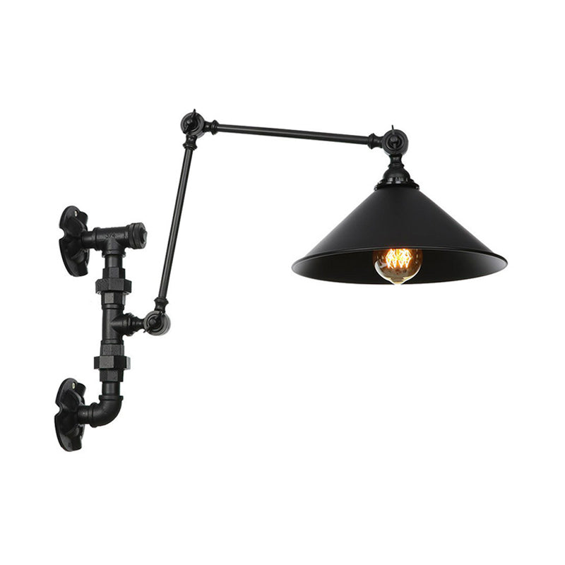 Cone/Flared Living Room Wall Lamp Fixture Industrial Iron 1-Light Black Rotatable Wall Light with Water Pipe Bracket Black C Clearhalo 'Art deco wall lights' 'Cast Iron' 'Glass' 'Industrial wall lights' 'Industrial' 'Middle century wall lights' 'Modern' 'Rustic wall lights' 'Tiffany' 'Traditional wall lights' 'Wall Lamps & Sconces' 'Wall Lights' Lighting' 1918469