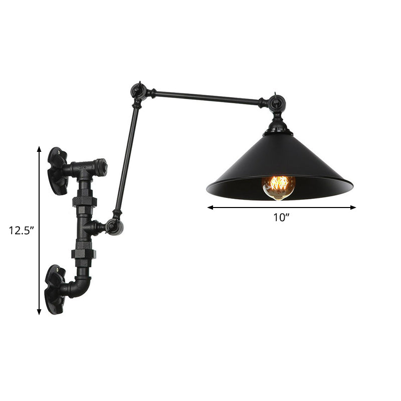 Cone/Flared Living Room Wall Lamp Fixture Industrial Iron 1-Light Black Rotatable Wall Light with Water Pipe Bracket Clearhalo 'Art deco wall lights' 'Cast Iron' 'Glass' 'Industrial wall lights' 'Industrial' 'Middle century wall lights' 'Modern' 'Rustic wall lights' 'Tiffany' 'Traditional wall lights' 'Wall Lamps & Sconces' 'Wall Lights' Lighting' 1918470