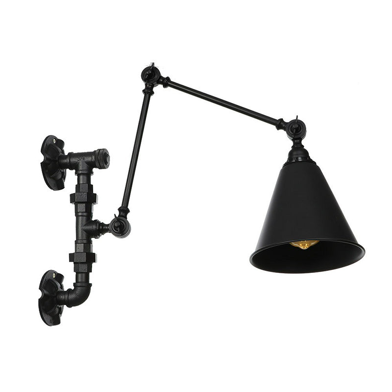 Cone/Flared Living Room Wall Lamp Fixture Industrial Iron 1-Light Black Rotatable Wall Light with Water Pipe Bracket Black D Clearhalo 'Art deco wall lights' 'Cast Iron' 'Glass' 'Industrial wall lights' 'Industrial' 'Middle century wall lights' 'Modern' 'Rustic wall lights' 'Tiffany' 'Traditional wall lights' 'Wall Lamps & Sconces' 'Wall Lights' Lighting' 1918471