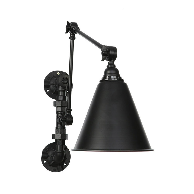 Cone/Flared Living Room Wall Lamp Fixture Industrial Iron 1-Light Black Rotatable Wall Light with Water Pipe Bracket Clearhalo 'Art deco wall lights' 'Cast Iron' 'Glass' 'Industrial wall lights' 'Industrial' 'Middle century wall lights' 'Modern' 'Rustic wall lights' 'Tiffany' 'Traditional wall lights' 'Wall Lamps & Sconces' 'Wall Lights' Lighting' 1918472