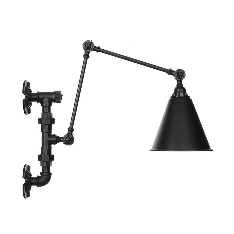 Cone/Flared Living Room Wall Lamp Fixture Industrial Iron 1-Light Black Rotatable Wall Light with Water Pipe Bracket Clearhalo 'Art deco wall lights' 'Cast Iron' 'Glass' 'Industrial wall lights' 'Industrial' 'Middle century wall lights' 'Modern' 'Rustic wall lights' 'Tiffany' 'Traditional wall lights' 'Wall Lamps & Sconces' 'Wall Lights' Lighting' 1918473