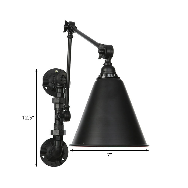 Cone/Flared Living Room Wall Lamp Fixture Industrial Iron 1-Light Black Rotatable Wall Light with Water Pipe Bracket Clearhalo 'Art deco wall lights' 'Cast Iron' 'Glass' 'Industrial wall lights' 'Industrial' 'Middle century wall lights' 'Modern' 'Rustic wall lights' 'Tiffany' 'Traditional wall lights' 'Wall Lamps & Sconces' 'Wall Lights' Lighting' 1918474