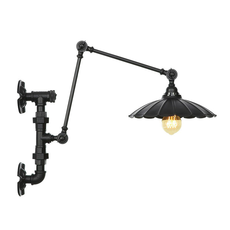 Cone/Flared Living Room Wall Lamp Fixture Industrial Iron 1-Light Black Rotatable Wall Light with Water Pipe Bracket Black F Clearhalo 'Art deco wall lights' 'Cast Iron' 'Glass' 'Industrial wall lights' 'Industrial' 'Middle century wall lights' 'Modern' 'Rustic wall lights' 'Tiffany' 'Traditional wall lights' 'Wall Lamps & Sconces' 'Wall Lights' Lighting' 1918477