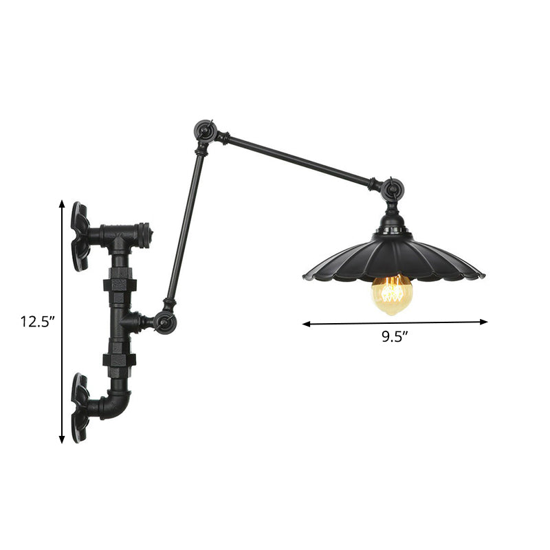 Cone/Flared Living Room Wall Lamp Fixture Industrial Iron 1-Light Black Rotatable Wall Light with Water Pipe Bracket Clearhalo 'Art deco wall lights' 'Cast Iron' 'Glass' 'Industrial wall lights' 'Industrial' 'Middle century wall lights' 'Modern' 'Rustic wall lights' 'Tiffany' 'Traditional wall lights' 'Wall Lamps & Sconces' 'Wall Lights' Lighting' 1918478