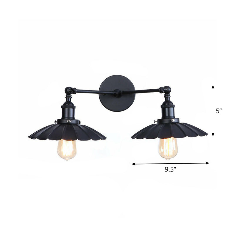 2 Lights Wall Mount Fixture Retro Conical/Scalloped Pivot Shade Metal Wall Lamp in Black for Bathroom Clearhalo 'Art deco wall lights' 'Cast Iron' 'Glass' 'Industrial wall lights' 'Industrial' 'Middle century wall lights' 'Modern' 'Rustic wall lights' 'Tiffany' 'Traditional wall lights' 'Wall Lamps & Sconces' 'Wall Lights' Lighting' 1918480