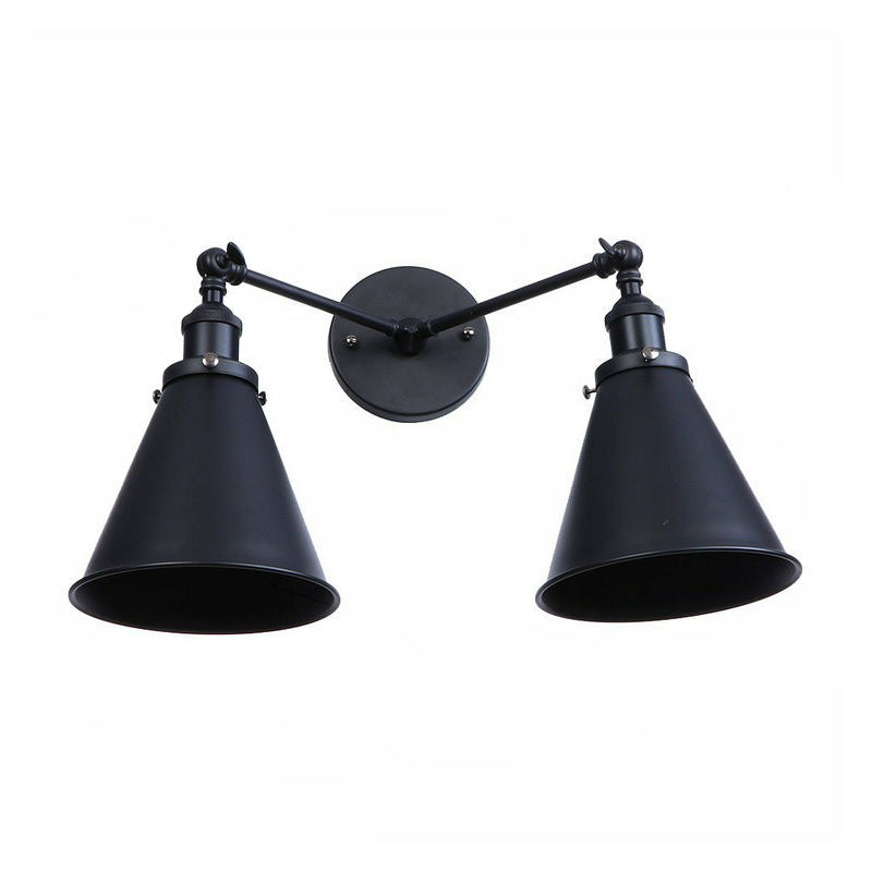 2 Lights Wall Mount Fixture Retro Conical/Scalloped Pivot Shade Metal Wall Lamp in Black for Bathroom Black D Clearhalo 'Art deco wall lights' 'Cast Iron' 'Glass' 'Industrial wall lights' 'Industrial' 'Middle century wall lights' 'Modern' 'Rustic wall lights' 'Tiffany' 'Traditional wall lights' 'Wall Lamps & Sconces' 'Wall Lights' Lighting' 1918485