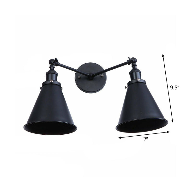2 Lights Wall Mount Fixture Retro Conical/Scalloped Pivot Shade Metal Wall Lamp in Black for Bathroom Clearhalo 'Art deco wall lights' 'Cast Iron' 'Glass' 'Industrial wall lights' 'Industrial' 'Middle century wall lights' 'Modern' 'Rustic wall lights' 'Tiffany' 'Traditional wall lights' 'Wall Lamps & Sconces' 'Wall Lights' Lighting' 1918486