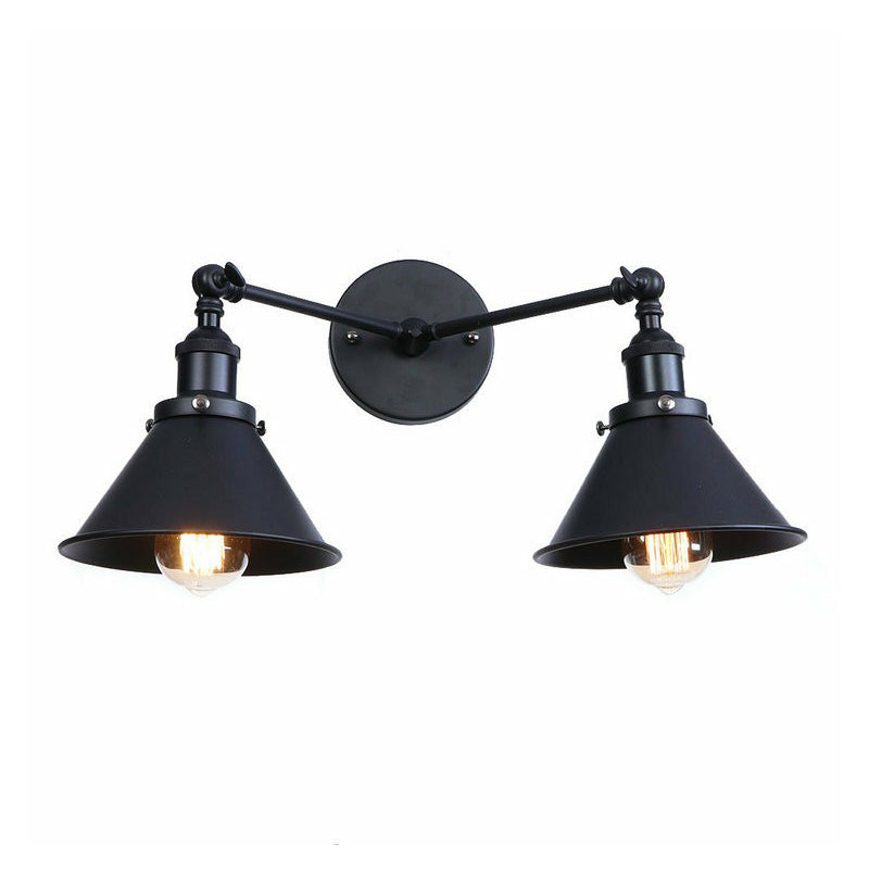 2 Lights Wall Mount Fixture Retro Conical/Scalloped Pivot Shade Metal Wall Lamp in Black for Bathroom Black E Clearhalo 'Art deco wall lights' 'Cast Iron' 'Glass' 'Industrial wall lights' 'Industrial' 'Middle century wall lights' 'Modern' 'Rustic wall lights' 'Tiffany' 'Traditional wall lights' 'Wall Lamps & Sconces' 'Wall Lights' Lighting' 1918487