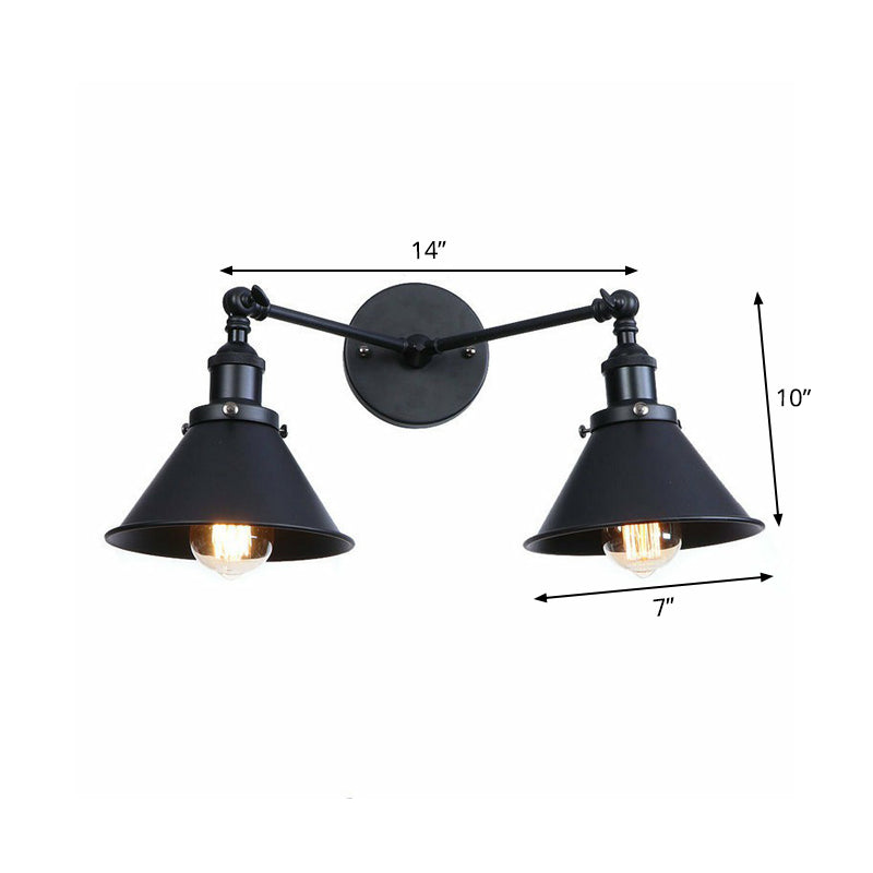 2 Lights Wall Mount Fixture Retro Conical/Scalloped Pivot Shade Metal Wall Lamp in Black for Bathroom Clearhalo 'Art deco wall lights' 'Cast Iron' 'Glass' 'Industrial wall lights' 'Industrial' 'Middle century wall lights' 'Modern' 'Rustic wall lights' 'Tiffany' 'Traditional wall lights' 'Wall Lamps & Sconces' 'Wall Lights' Lighting' 1918488
