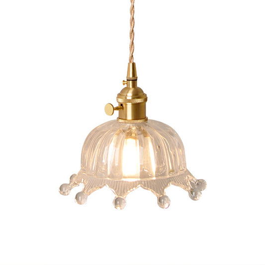 Clear Carved Glass Crown Pendulum Light Countryside 1 Bulb Kids Bedroom Pendant Lamp in Brass Clearhalo 'Ceiling Lights' 'Glass shade' 'Glass' 'Industrial Pendants' 'Industrial' 'Middle Century Pendants' 'Pendant Lights' 'Pendants' 'Tiffany' Lighting' 1918524