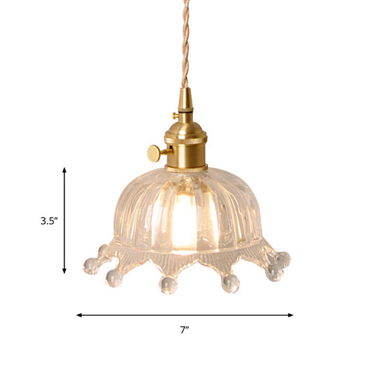 Clear Carved Glass Crown Pendulum Light Countryside 1 Bulb Kids Bedroom Pendant Lamp in Brass Clearhalo 'Ceiling Lights' 'Glass shade' 'Glass' 'Industrial Pendants' 'Industrial' 'Middle Century Pendants' 'Pendant Lights' 'Pendants' 'Tiffany' Lighting' 1918525