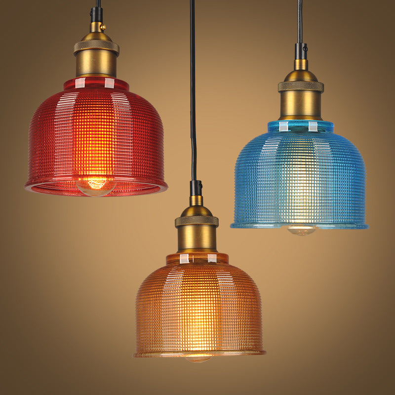 Retro Style Carillon Pendant Light 1-Light Red/Orange/Blue Gridded Glass Suspension Lighting for Dining Room Red Clearhalo 'Ceiling Lights' 'Glass shade' 'Glass' 'Industrial Pendants' 'Industrial' 'Middle Century Pendants' 'Pendant Lights' 'Pendants' 'Tiffany' Lighting' 1918526
