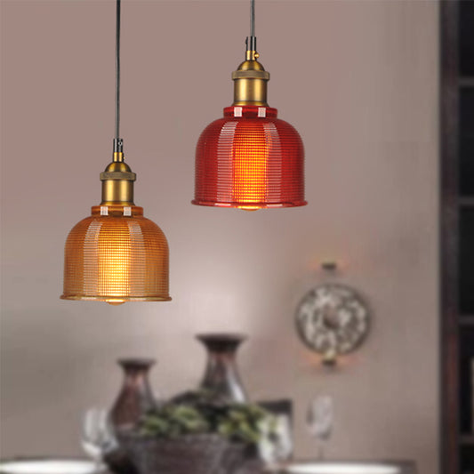 Retro Style Carillon Pendant Light 1-Light Red/Orange/Blue Gridded Glass Suspension Lighting for Dining Room Clearhalo 'Ceiling Lights' 'Glass shade' 'Glass' 'Industrial Pendants' 'Industrial' 'Middle Century Pendants' 'Pendant Lights' 'Pendants' 'Tiffany' Lighting' 1918527