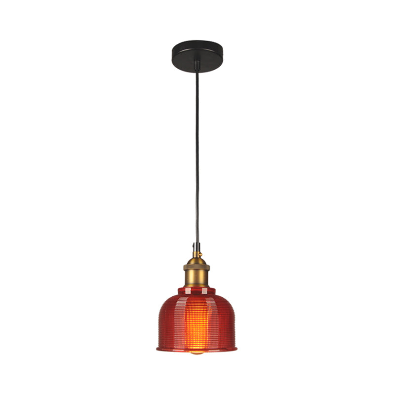 Retro Style Carillon Pendant Light 1-Light Red/Orange/Blue Gridded Glass Suspension Lighting for Dining Room Clearhalo 'Ceiling Lights' 'Glass shade' 'Glass' 'Industrial Pendants' 'Industrial' 'Middle Century Pendants' 'Pendant Lights' 'Pendants' 'Tiffany' Lighting' 1918528
