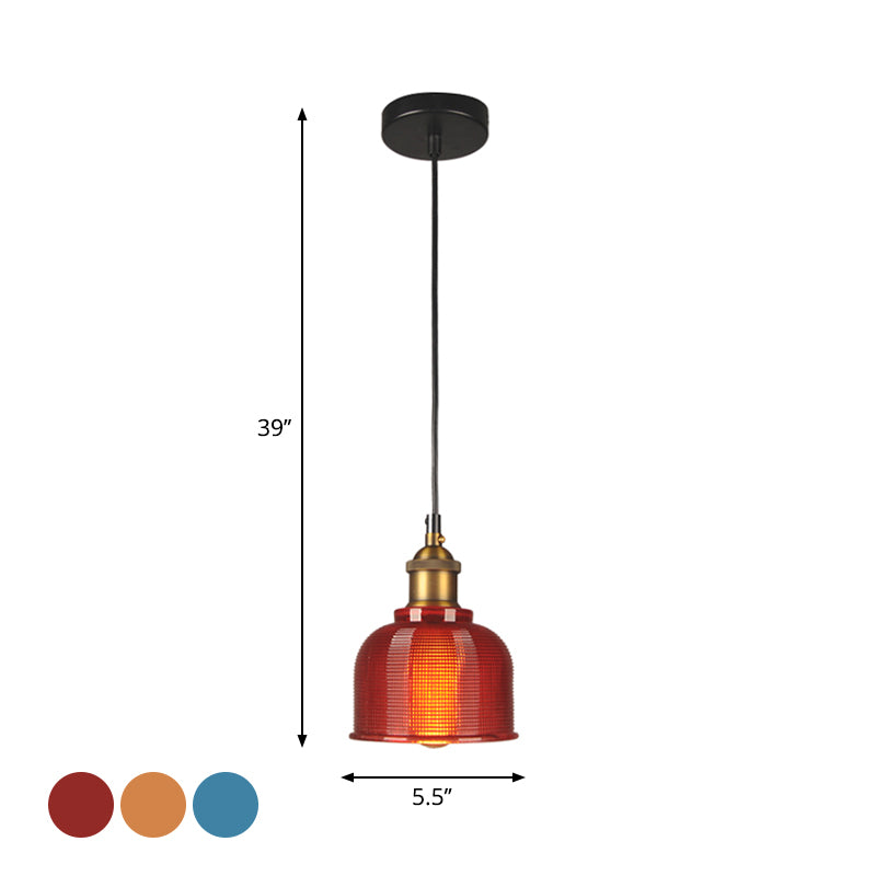 Retro Style Carillon Pendant Light 1-Light Red/Orange/Blue Gridded Glass Suspension Lighting for Dining Room Clearhalo 'Ceiling Lights' 'Glass shade' 'Glass' 'Industrial Pendants' 'Industrial' 'Middle Century Pendants' 'Pendant Lights' 'Pendants' 'Tiffany' Lighting' 1918529