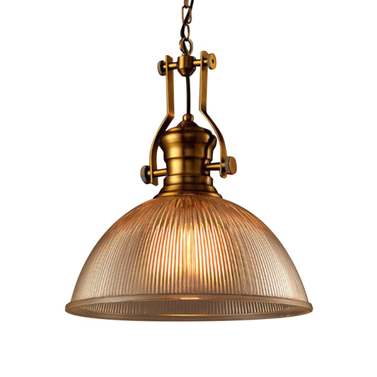 Brass Finish Bowl Pendant Lighting Warehouse Clear Ribbed Glass 1 Head 12"/15"/19.5" W Bistro Hanging Light with Handle Clearhalo 'Ceiling Lights' 'Close To Ceiling Lights' 'Glass shade' 'Glass' 'Industrial Pendants' 'Industrial' 'Middle Century Pendants' 'Pendant Lights' 'Pendants' 'Tiffany' Lighting' 1918535