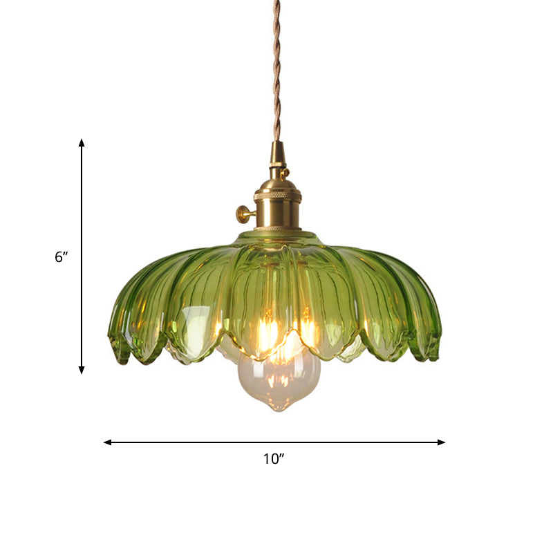 Green Glass Scalloped Shade Pendant Retro 1 Bulb Open Kitchen Hanging Ceiling Light in Brass Clearhalo 'Ceiling Lights' 'Glass shade' 'Glass' 'Industrial Pendants' 'Industrial' 'Middle Century Pendants' 'Pendant Lights' 'Pendants' 'Tiffany' Lighting' 1918543