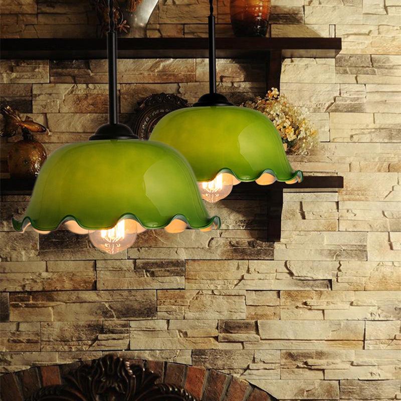 Single Green/White Glass Pendant Lighting Rustic Black Lettuce-Trim Bowl Living Room Ceiling Hang Lamp Clearhalo 'Ceiling Lights' 'Glass shade' 'Glass' 'Industrial Pendants' 'Industrial' 'Middle Century Pendants' 'Pendant Lights' 'Pendants' 'Tiffany' Lighting' 1918545