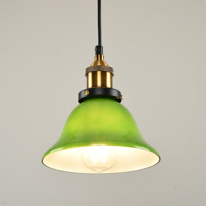 1-Light Carillon Suspension Pendant Vintage Brass Green Glass Hanging Light Fixture for Guest Room, 8"/10" Width Green 8" Clearhalo 'Ceiling Lights' 'Glass shade' 'Glass' 'Industrial Pendants' 'Industrial' 'Middle Century Pendants' 'Pendant Lights' 'Pendants' 'Tiffany' Lighting' 1918558