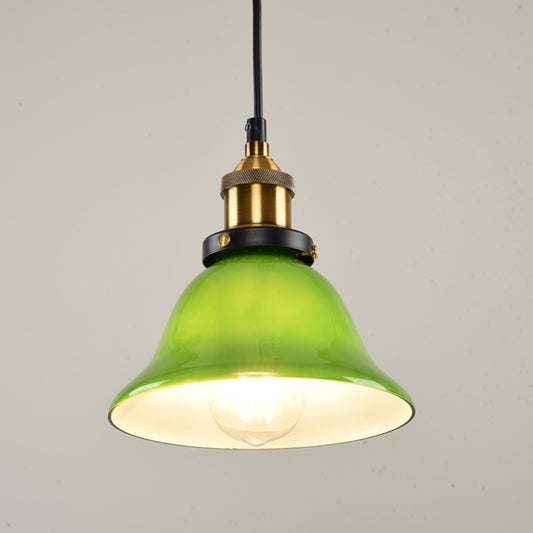 1-Light Carillon Suspension Pendant Vintage Brass Green Glass Hanging Light Fixture for Guest Room, 8"/10" Width Green 8" Clearhalo 'Ceiling Lights' 'Glass shade' 'Glass' 'Industrial Pendants' 'Industrial' 'Middle Century Pendants' 'Pendant Lights' 'Pendants' 'Tiffany' Lighting' 1918558