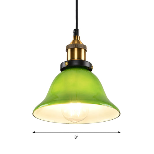 1-Light Carillon Suspension Pendant Vintage Brass Green Glass Hanging Light Fixture for Guest Room, 8"/10" Width Clearhalo 'Ceiling Lights' 'Glass shade' 'Glass' 'Industrial Pendants' 'Industrial' 'Middle Century Pendants' 'Pendant Lights' 'Pendants' 'Tiffany' Lighting' 1918561