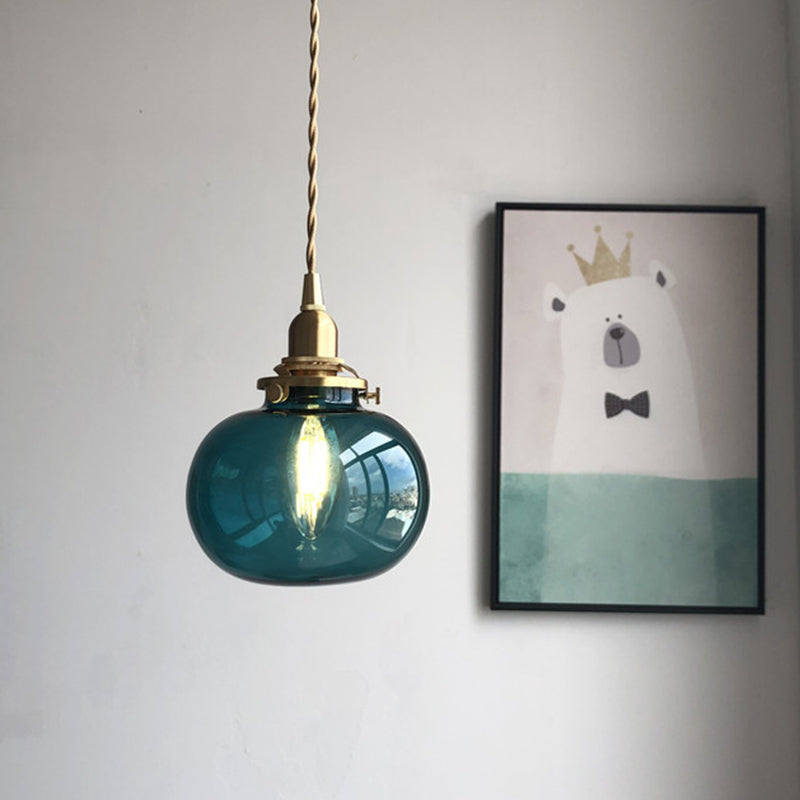 Oval Green/Blackish Green/Clear Glass Drop Pendant Retro 1 Head Dining Table Mini Hanging Light in Brass Clearhalo 'Ceiling Lights' 'Glass shade' 'Glass' 'Industrial Pendants' 'Industrial' 'Middle Century Pendants' 'Pendant Lights' 'Pendants' 'Tiffany' Lighting' 1918571