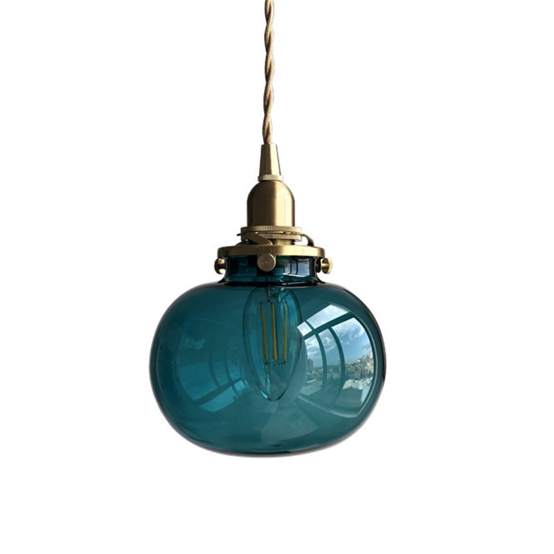 Oval Green/Blackish Green/Clear Glass Drop Pendant Retro 1 Head Dining Table Mini Hanging Light in Brass Clearhalo 'Ceiling Lights' 'Glass shade' 'Glass' 'Industrial Pendants' 'Industrial' 'Middle Century Pendants' 'Pendant Lights' 'Pendants' 'Tiffany' Lighting' 1918573