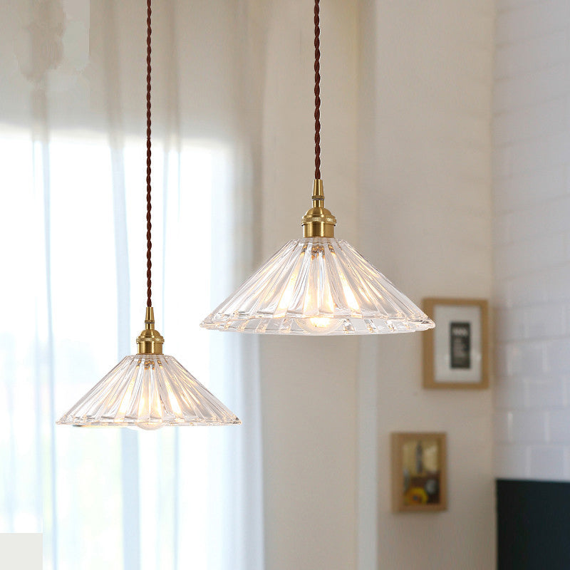 1-Light Ceiling Hang Lamp Antique Dining Room Pendant Light with Conic Clear Ribbed Glass Shade Clear Clearhalo 'Ceiling Lights' 'Glass shade' 'Glass' 'Industrial Pendants' 'Industrial' 'Middle Century Pendants' 'Pendant Lights' 'Pendants' 'Tiffany' Lighting' 1918574