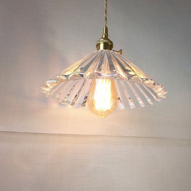 1-Light Ceiling Hang Lamp Antique Dining Room Pendant Light with Conic Clear Ribbed Glass Shade Clearhalo 'Ceiling Lights' 'Glass shade' 'Glass' 'Industrial Pendants' 'Industrial' 'Middle Century Pendants' 'Pendant Lights' 'Pendants' 'Tiffany' Lighting' 1918575