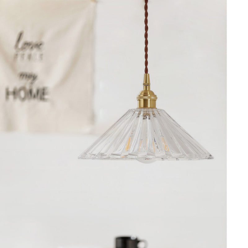 1-Light Ceiling Hang Lamp Antique Dining Room Pendant Light with Conic Clear Ribbed Glass Shade Clearhalo 'Ceiling Lights' 'Glass shade' 'Glass' 'Industrial Pendants' 'Industrial' 'Middle Century Pendants' 'Pendant Lights' 'Pendants' 'Tiffany' Lighting' 1918576