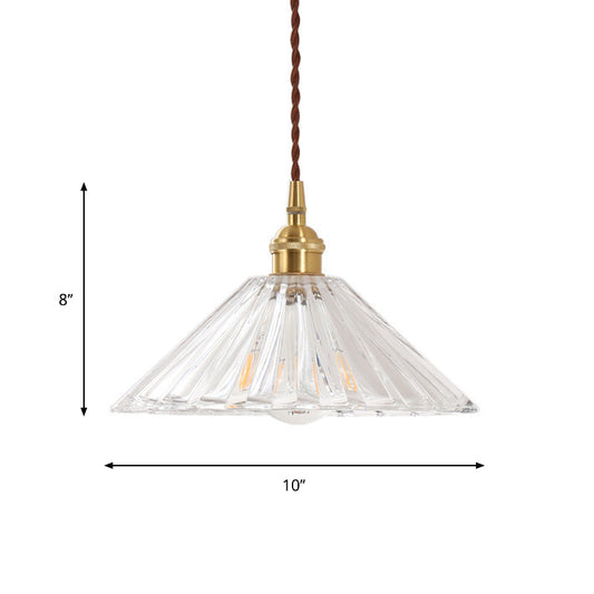 1-Light Ceiling Hang Lamp Antique Dining Room Pendant Light with Conic Clear Ribbed Glass Shade Clearhalo 'Ceiling Lights' 'Glass shade' 'Glass' 'Industrial Pendants' 'Industrial' 'Middle Century Pendants' 'Pendant Lights' 'Pendants' 'Tiffany' Lighting' 1918578