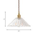 1-Light Ceiling Hang Lamp Antique Dining Room Pendant Light with Conic Clear Ribbed Glass Shade Clearhalo 'Ceiling Lights' 'Glass shade' 'Glass' 'Industrial Pendants' 'Industrial' 'Middle Century Pendants' 'Pendant Lights' 'Pendants' 'Tiffany' Lighting' 1918578