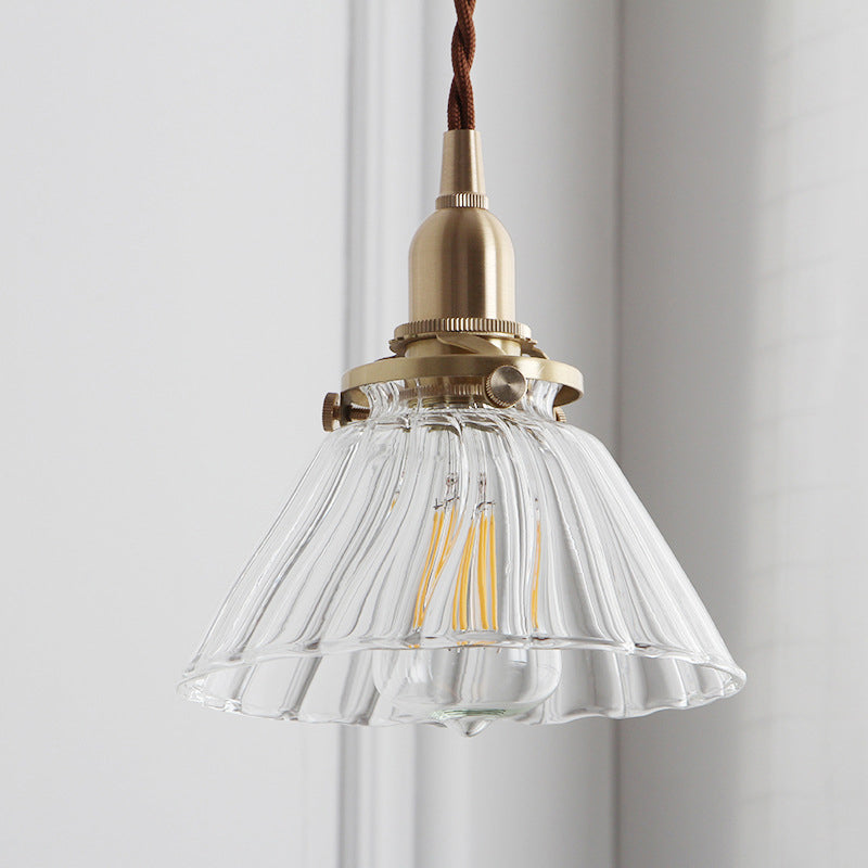 Clear Sleek/Ribbed Glass Brass Pendant Lamp Cone 1 Light Rustic Down Lighting for Dining Room Clear A Clearhalo 'Ceiling Lights' 'Glass shade' 'Glass' 'Industrial Pendants' 'Industrial' 'Middle Century Pendants' 'Pendant Lights' 'Pendants' 'Tiffany' Lighting' 1918582