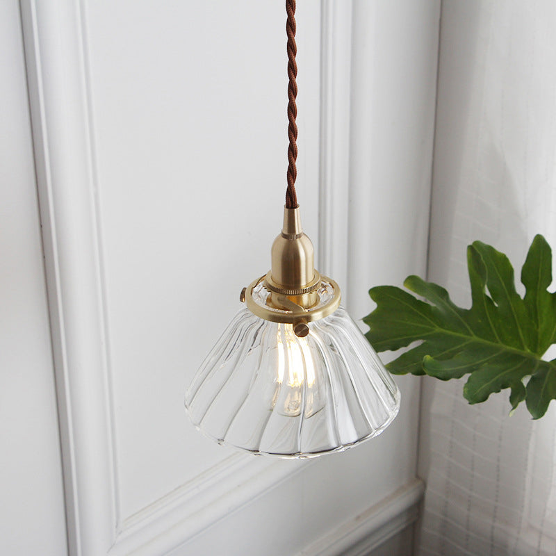 Clear Sleek/Ribbed Glass Brass Pendant Lamp Cone 1 Light Rustic Down Lighting for Dining Room Clearhalo 'Ceiling Lights' 'Glass shade' 'Glass' 'Industrial Pendants' 'Industrial' 'Middle Century Pendants' 'Pendant Lights' 'Pendants' 'Tiffany' Lighting' 1918583