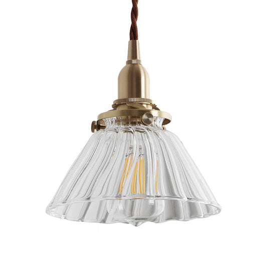 Clear Sleek/Ribbed Glass Brass Pendant Lamp Cone 1 Light Rustic Down Lighting for Dining Room Clearhalo 'Ceiling Lights' 'Glass shade' 'Glass' 'Industrial Pendants' 'Industrial' 'Middle Century Pendants' 'Pendant Lights' 'Pendants' 'Tiffany' Lighting' 1918584