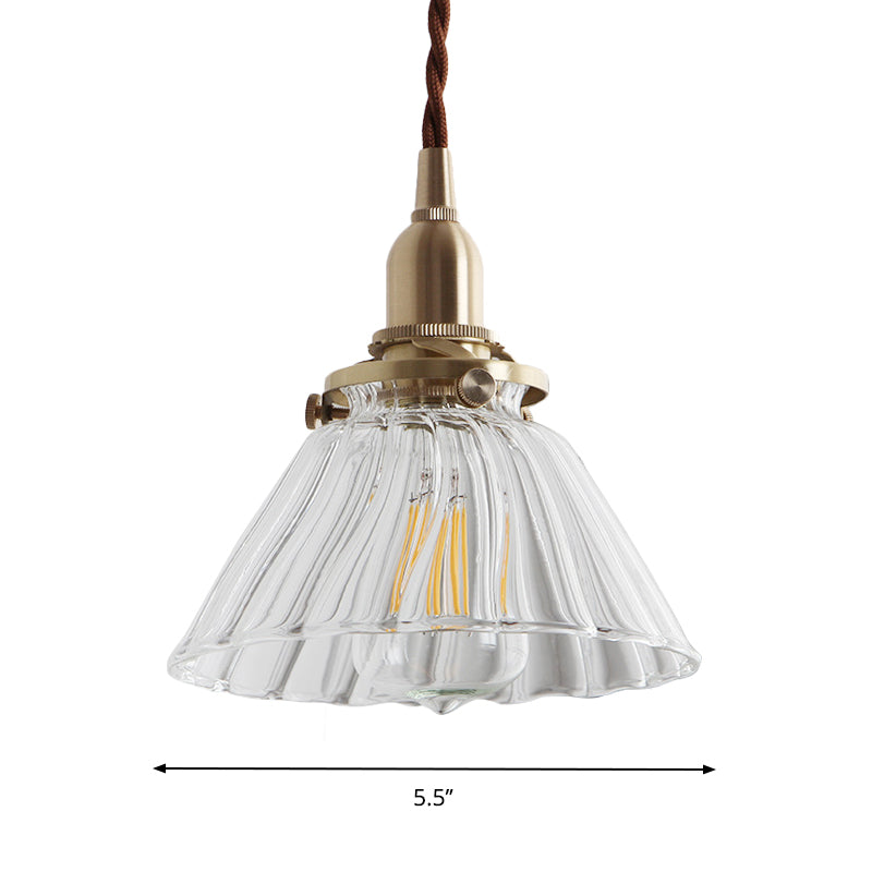 Clear Sleek/Ribbed Glass Brass Pendant Lamp Cone 1 Light Rustic Down Lighting for Dining Room Clearhalo 'Ceiling Lights' 'Glass shade' 'Glass' 'Industrial Pendants' 'Industrial' 'Middle Century Pendants' 'Pendant Lights' 'Pendants' 'Tiffany' Lighting' 1918585