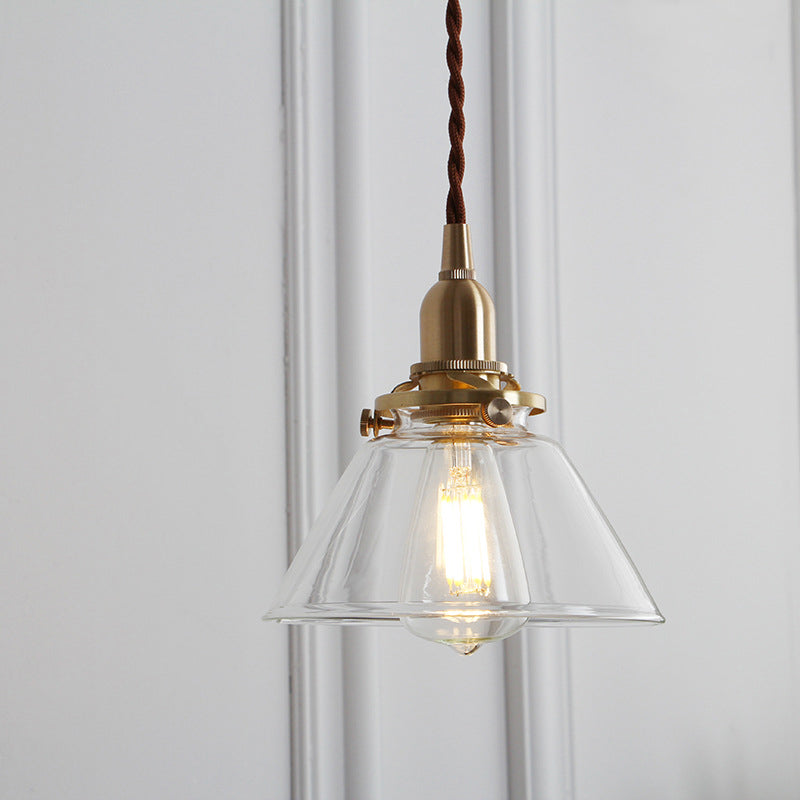 Clear Sleek/Ribbed Glass Brass Pendant Lamp Cone 1 Light Rustic Down Lighting for Dining Room Clear B Clearhalo 'Ceiling Lights' 'Glass shade' 'Glass' 'Industrial Pendants' 'Industrial' 'Middle Century Pendants' 'Pendant Lights' 'Pendants' 'Tiffany' Lighting' 1918586