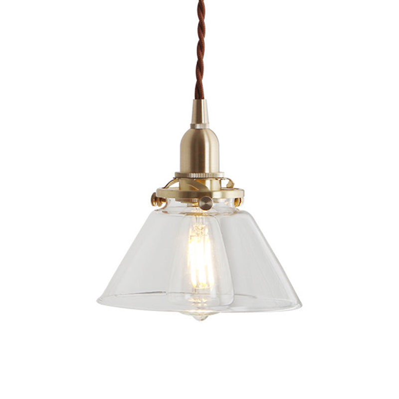 Clear Sleek/Ribbed Glass Brass Pendant Lamp Cone 1 Light Rustic Down Lighting for Dining Room Clearhalo 'Ceiling Lights' 'Glass shade' 'Glass' 'Industrial Pendants' 'Industrial' 'Middle Century Pendants' 'Pendant Lights' 'Pendants' 'Tiffany' Lighting' 1918587
