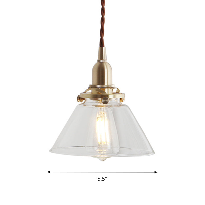 Clear Sleek/Ribbed Glass Brass Pendant Lamp Cone 1 Light Rustic Down Lighting for Dining Room Clearhalo 'Ceiling Lights' 'Glass shade' 'Glass' 'Industrial Pendants' 'Industrial' 'Middle Century Pendants' 'Pendant Lights' 'Pendants' 'Tiffany' Lighting' 1918588
