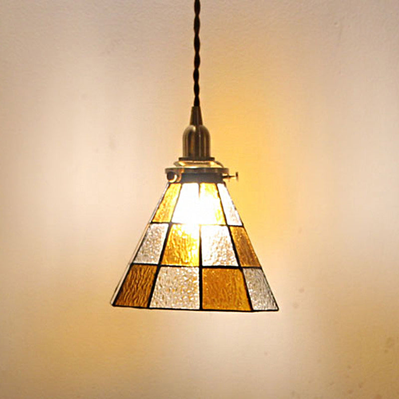 Coastal Checkered Cone-Shaped Pendant Lamp 1 Head Clear and Brown Mosaic Glass Hanging Ceiling Light in Brass Brown Clearhalo 'Ceiling Lights' 'Glass shade' 'Glass' 'Industrial Pendants' 'Industrial' 'Middle Century Pendants' 'Pendant Lights' 'Pendants' 'Tiffany' Lighting' 1918594