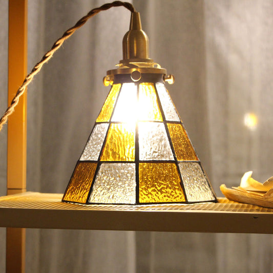 Coastal Checkered Cone-Shaped Pendant Lamp 1 Head Clear and Brown Mosaic Glass Hanging Ceiling Light in Brass Clearhalo 'Ceiling Lights' 'Glass shade' 'Glass' 'Industrial Pendants' 'Industrial' 'Middle Century Pendants' 'Pendant Lights' 'Pendants' 'Tiffany' Lighting' 1918596