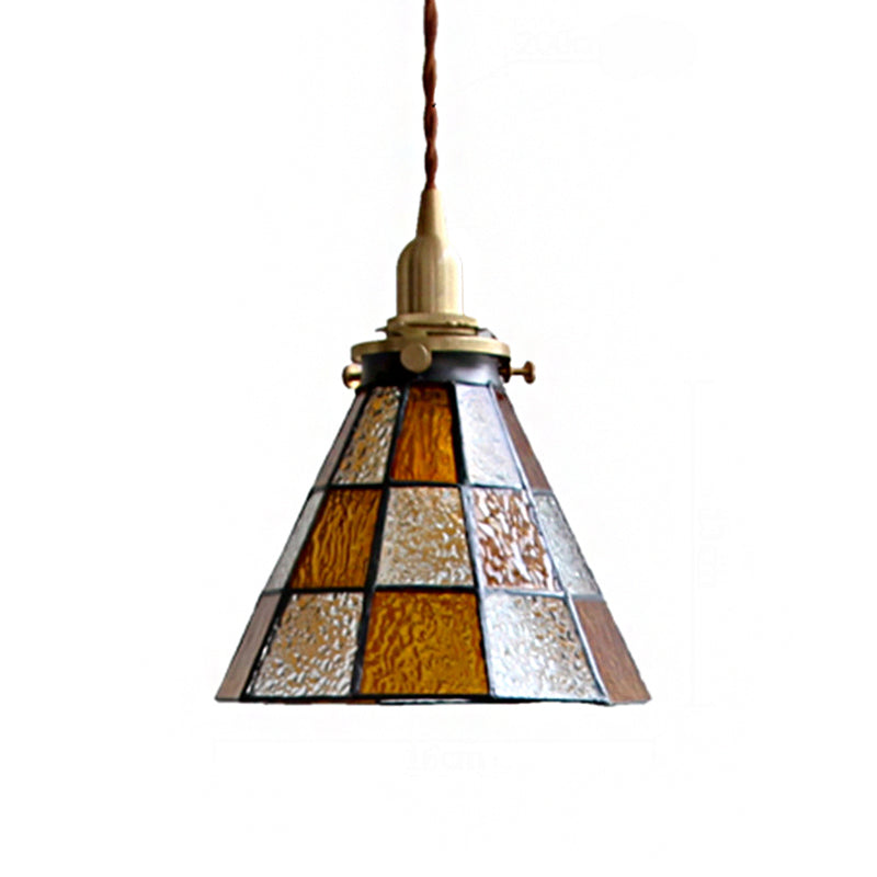 Coastal Checkered Cone-Shaped Pendant Lamp 1 Head Clear and Brown Mosaic Glass Hanging Ceiling Light in Brass Clearhalo 'Ceiling Lights' 'Glass shade' 'Glass' 'Industrial Pendants' 'Industrial' 'Middle Century Pendants' 'Pendant Lights' 'Pendants' 'Tiffany' Lighting' 1918597