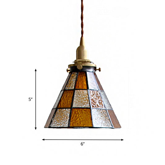 Coastal Checkered Cone-Shaped Pendant Lamp 1 Head Clear and Brown Mosaic Glass Hanging Ceiling Light in Brass Clearhalo 'Ceiling Lights' 'Glass shade' 'Glass' 'Industrial Pendants' 'Industrial' 'Middle Century Pendants' 'Pendant Lights' 'Pendants' 'Tiffany' Lighting' 1918598