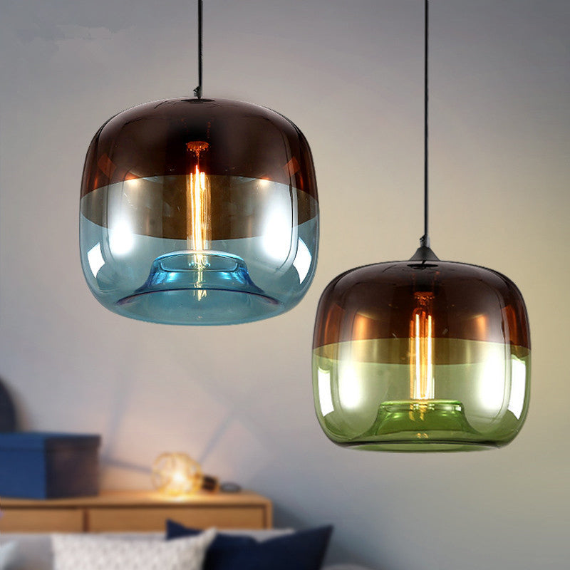 Drum Dining Table Suspension Lamp Industrial Green/Blue and Brown Glass 1-Light Black Hanging Pendant Light Clearhalo 'Ceiling Lights' 'Glass shade' 'Glass' 'Industrial Pendants' 'Industrial' 'Middle Century Pendants' 'Pendant Lights' 'Pendants' 'Tiffany' Lighting' 1918599