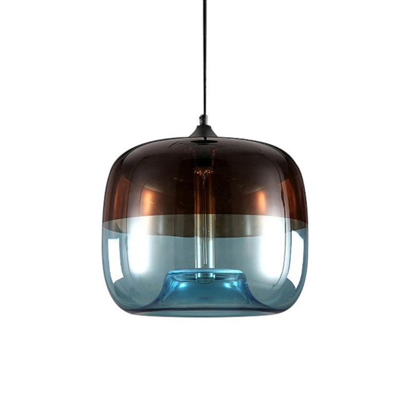 Drum Dining Table Suspension Lamp Industrial Green/Blue and Brown Glass 1-Light Black Hanging Pendant Light Clearhalo 'Ceiling Lights' 'Glass shade' 'Glass' 'Industrial Pendants' 'Industrial' 'Middle Century Pendants' 'Pendant Lights' 'Pendants' 'Tiffany' Lighting' 1918602