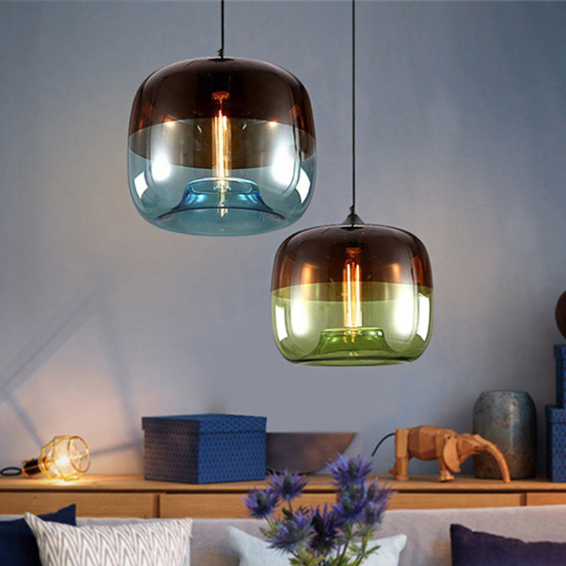 Drum Dining Table Suspension Lamp Industrial Green/Blue and Brown Glass 1-Light Black Hanging Pendant Light Clearhalo 'Ceiling Lights' 'Glass shade' 'Glass' 'Industrial Pendants' 'Industrial' 'Middle Century Pendants' 'Pendant Lights' 'Pendants' 'Tiffany' Lighting' 1918604