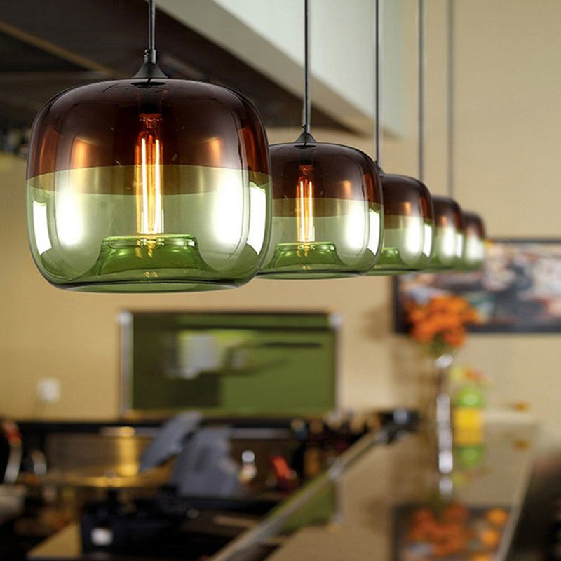 Drum Dining Table Suspension Lamp Industrial Green/Blue and Brown Glass 1-Light Black Hanging Pendant Light Green Clearhalo 'Ceiling Lights' 'Glass shade' 'Glass' 'Industrial Pendants' 'Industrial' 'Middle Century Pendants' 'Pendant Lights' 'Pendants' 'Tiffany' Lighting' 1918605